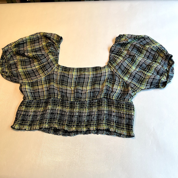 BP Womens Smock Crop Top Green‎ Size 1X Plaid Square Neck Puff Sleeve - Picture 9 of 10